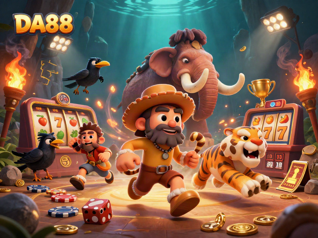 Play slots and win big with DA88 at a vibrant prehistoric casino with cavemen and sports elements.