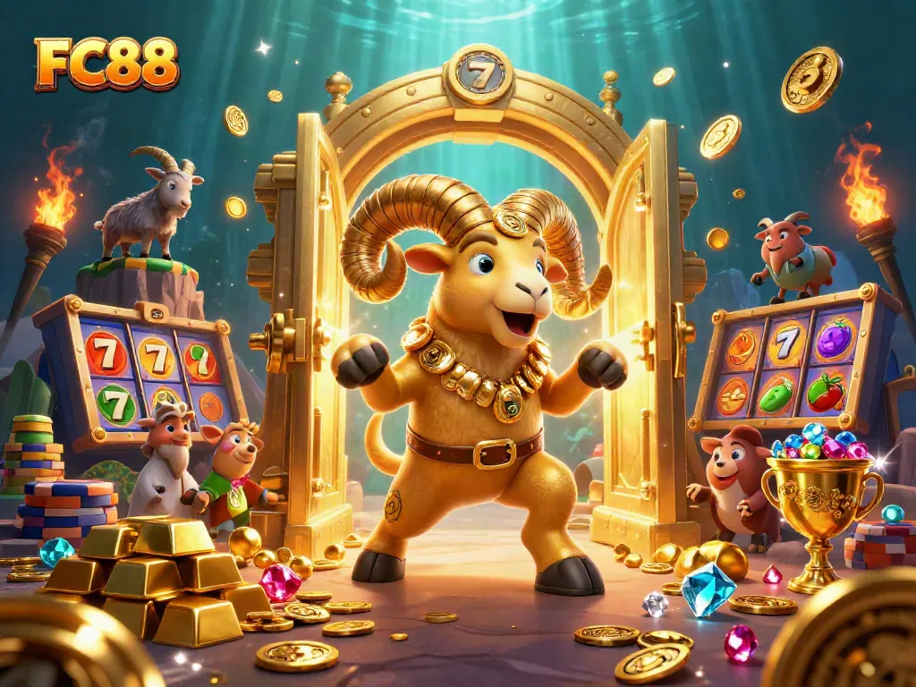 Experience an FC88 jackpot frenzy with gold treasures, rambunctious characters, and vibrant slot elements.