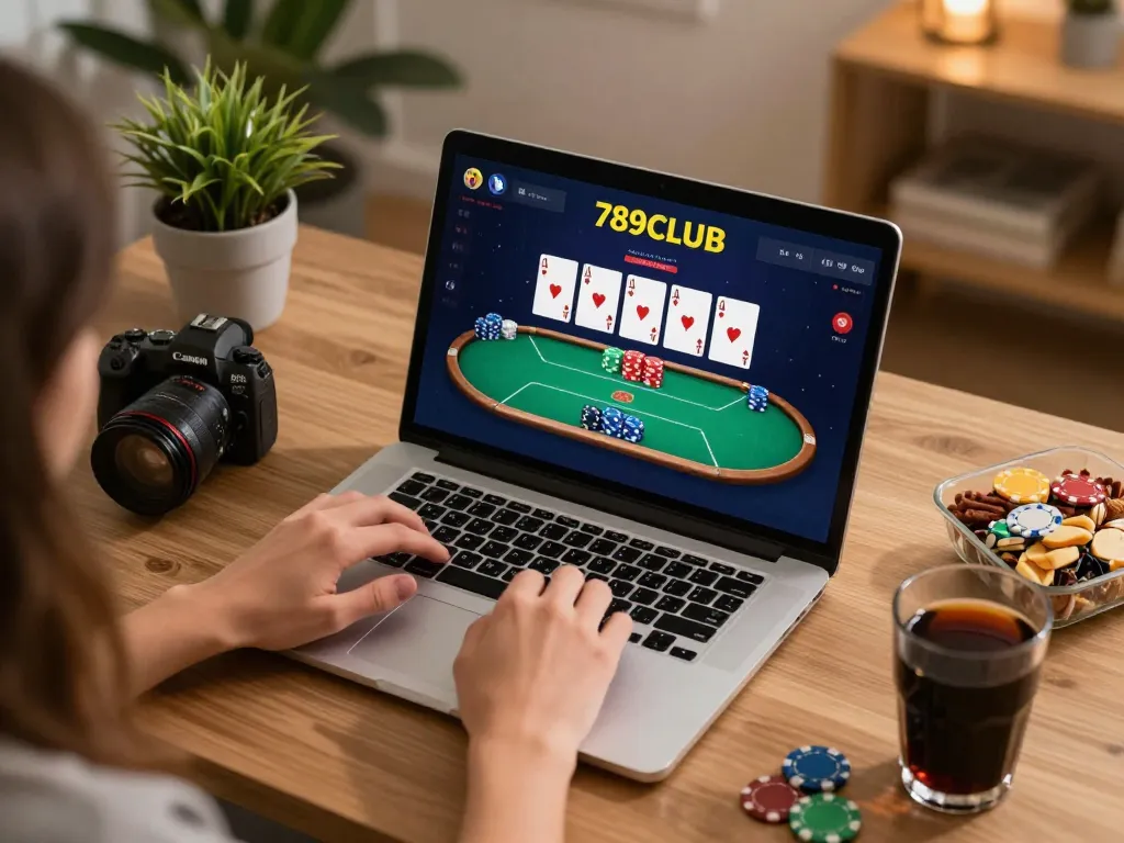 Playing poker on 789CLUB interface in a cozy home setting with chips and cards visible.