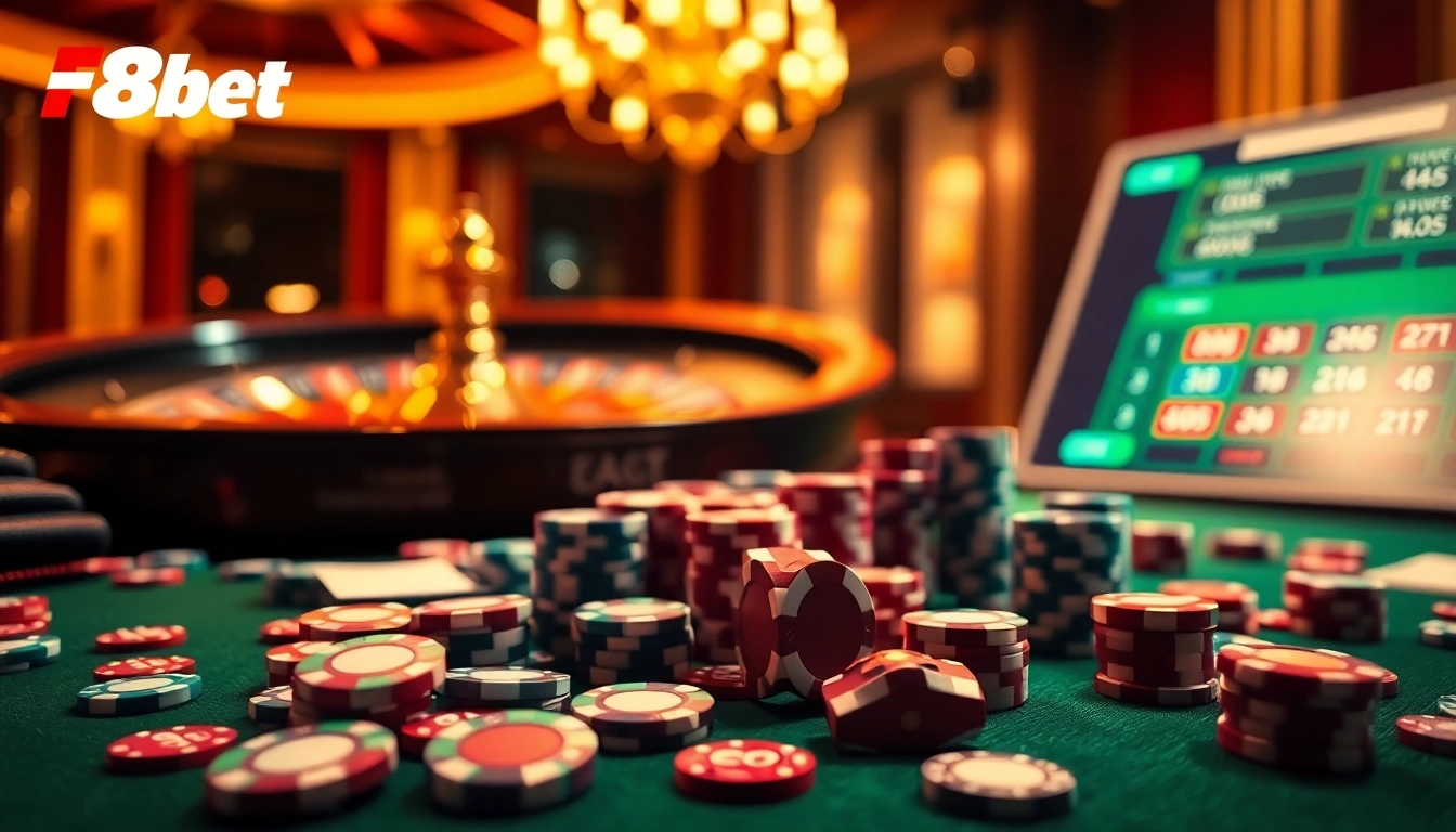 Experience thrilling online gambling at https://f8bet.dental with vibrant casino visuals, poker chips, and roulette wheels.