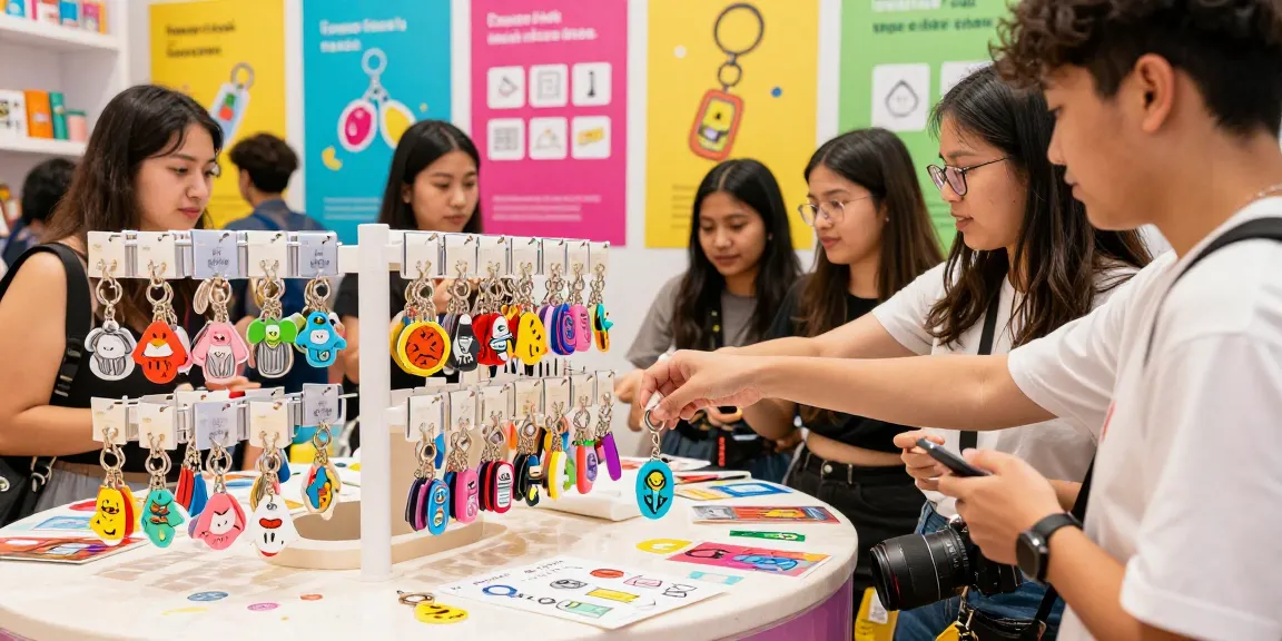 Customers exploring custom keychains in a vibrant retail setting with diverse designs.