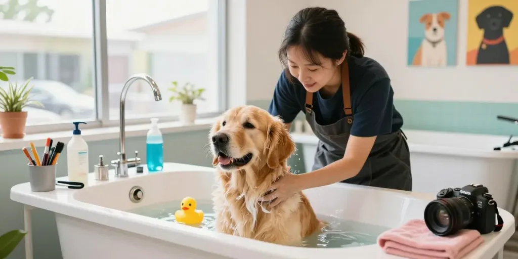 Grooming session for a Golden Retriever at https://www.bijousbill.com, showcasing a caring groomer and a bright salon atmosphere.