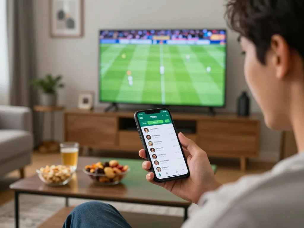 Xoilac sports betting excitement with a smartphone showing live match odds in a cozy home setting.