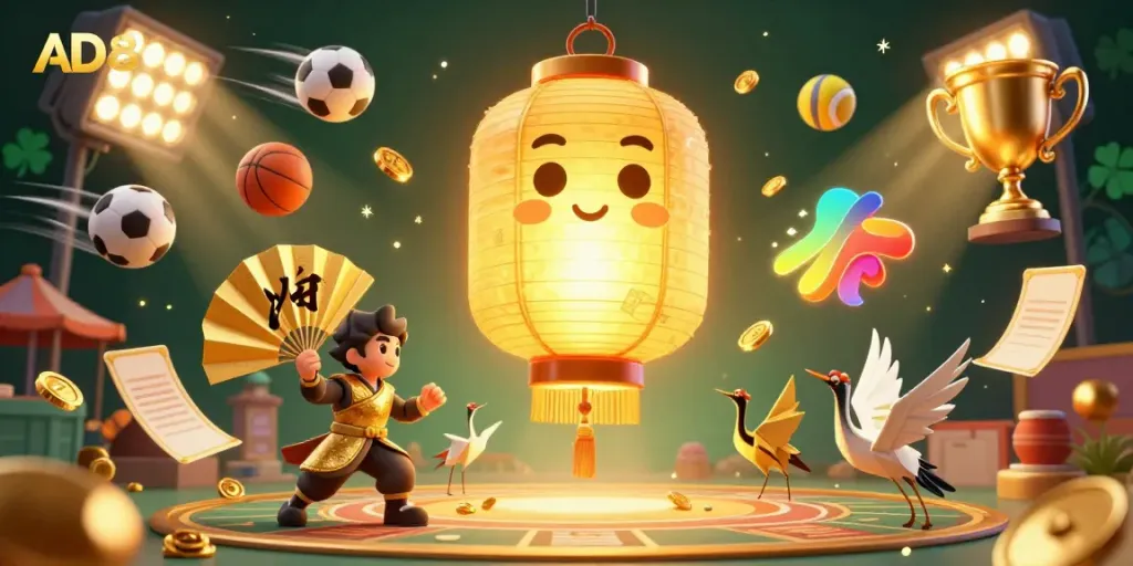 Experience the vibrant atmosphere of AD88 with a golden lantern spirit and dynamic sports betting elements.
