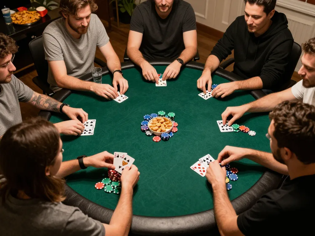 Watch friends enjoy poker night with strategic plays and chips under warm lighting at https://vin88.football/