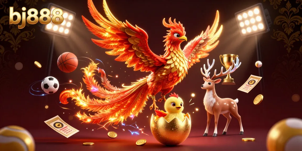 Join the excitement at bj888 with a dynamic scene featuring a phoenix and sports elements, showcasing thrilling gambling spirit.