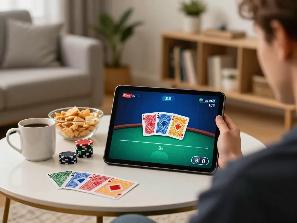 Playing poker online with a tablet interface showing cards and chips on https://dabet39.net/ in a cozy living room setting