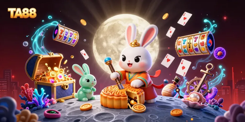 Spin the reels with TA88 in this vibrant casino-themed illustration featuring a moon rabbit.