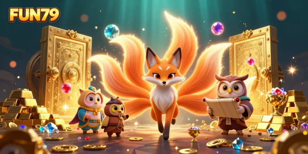 Experience the vibrant world of FUN79 casino with the nine-tailed fox spirit surrounded by treasures and dynamic light.