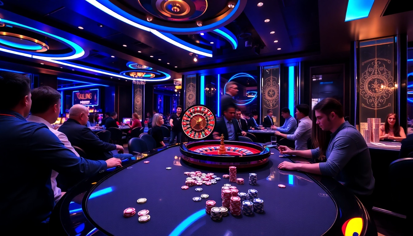 DABET casino players engaged in exciting betting activities, showcasing roulette and poker chips in a dynamic atmosphere.