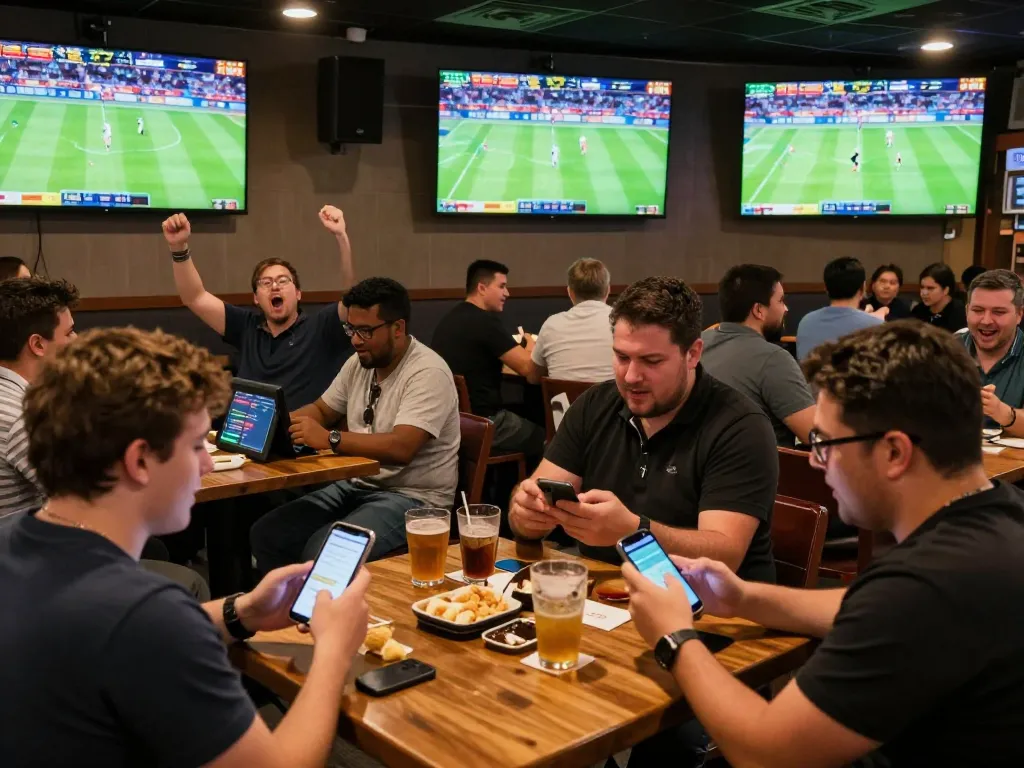patrons placing bets and enjoying sports games at kp88 com sports bar with vibrant atmosphere