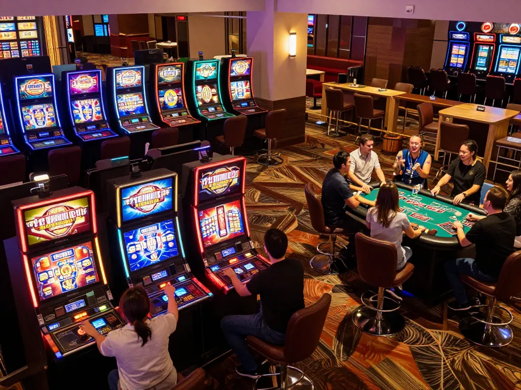 Engaging players enjoying slot deposit 5000 gameplay at a vibrant casino floor.