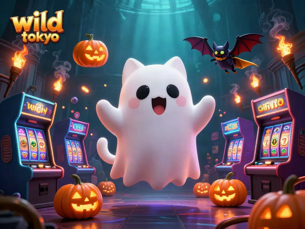 Experience the thrill of wild tokyo casino with a ghost cat and vampire bat amidst vibrant gaming elements.
