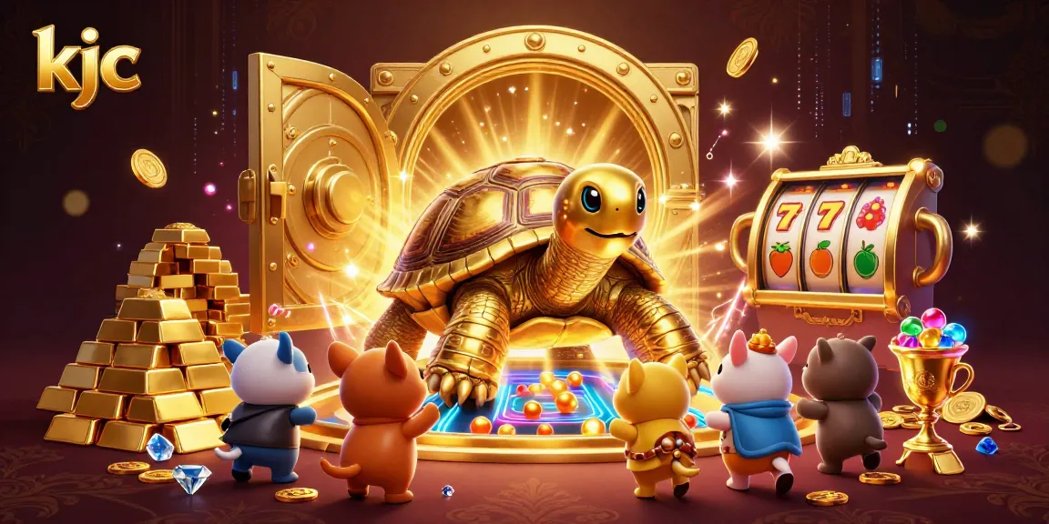 Experience the excitement at KJC with a dynamic casino-themed illustration featuring a golden tortoise pinball machine.