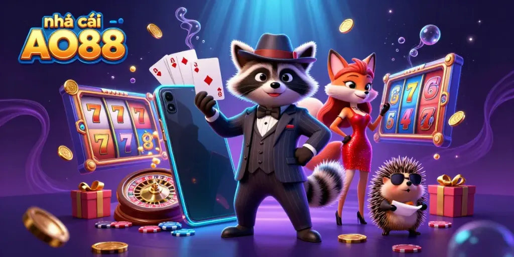 Experience the vibrant world of nhà cái AO88 casino with a raccoon, fox, and hedgehog amidst slot games and poker chips.