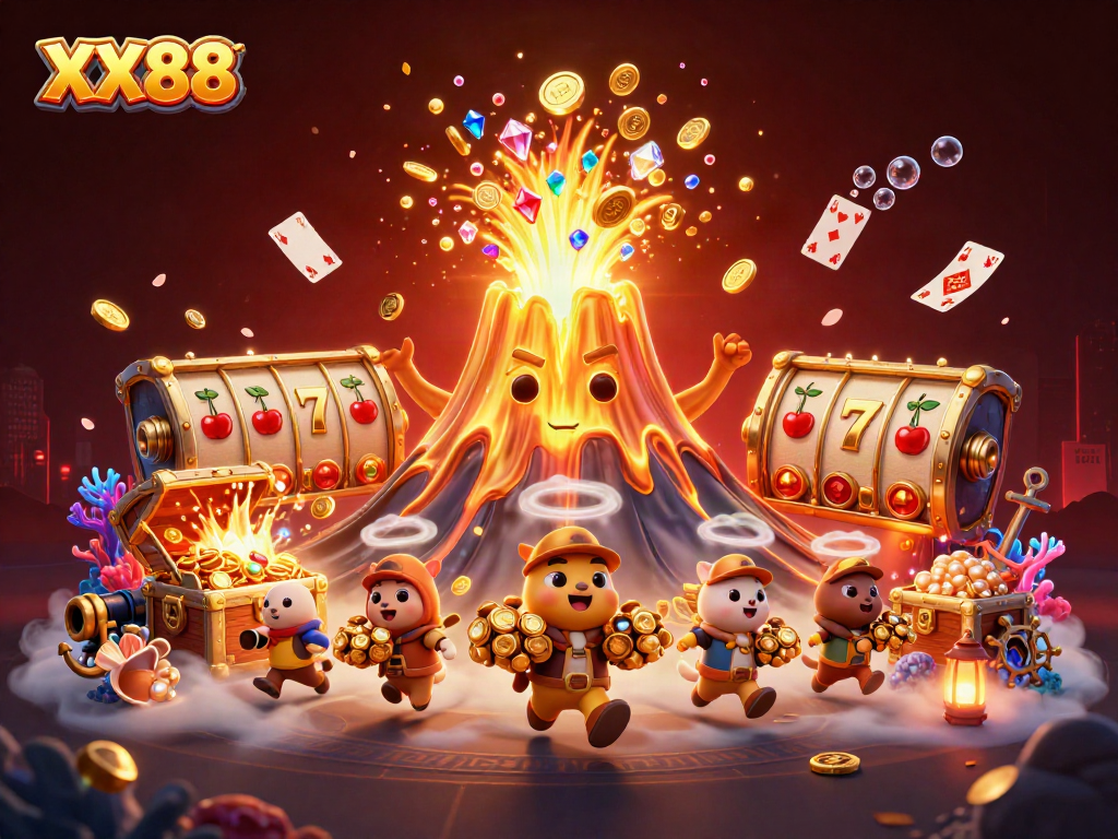 Engage with the vibrant XX88 casino scene featuring a golden volcano, slot reels, and a treasure hunt.
