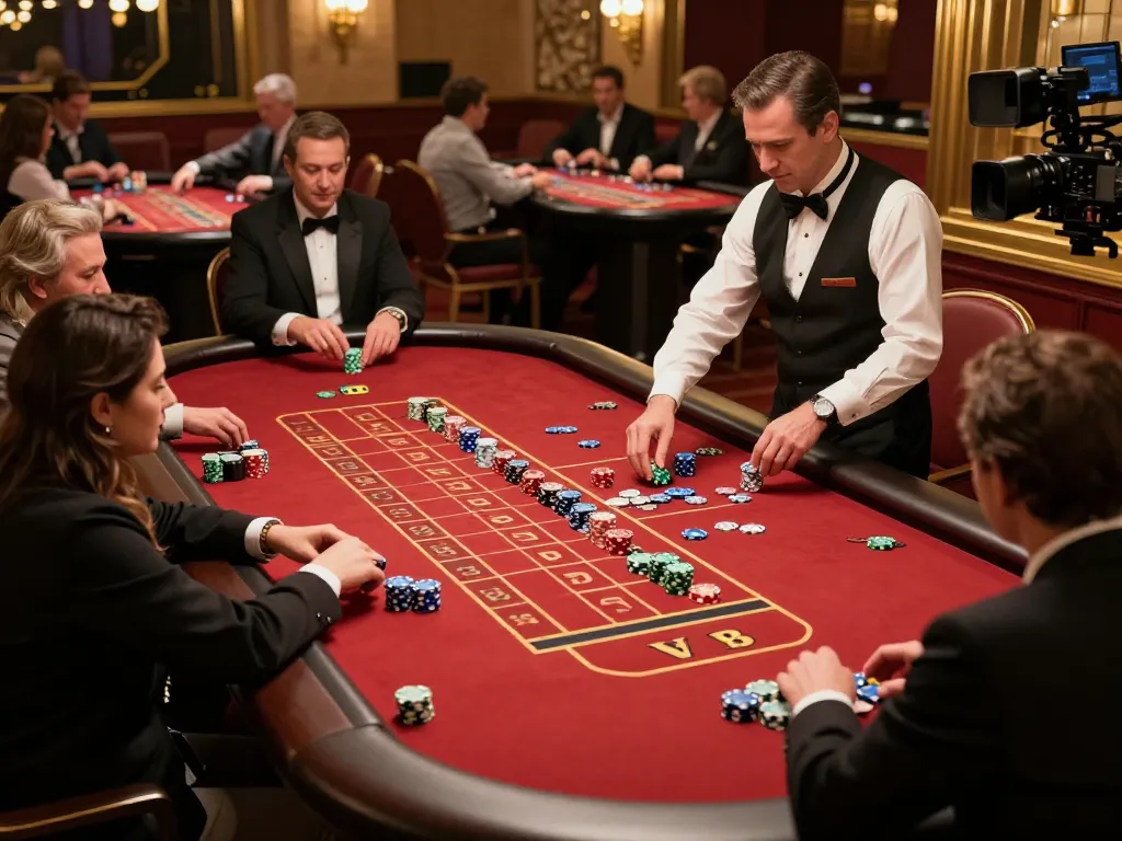 Engaging scene at bcx88 roulette table with players betting amid a vibrant casino atmosphere.