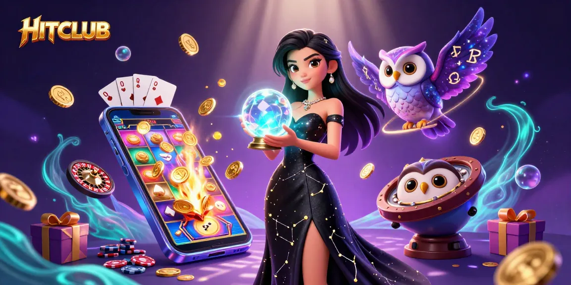 Engage in HITCLUB's thrilling gameplay with an enchanting woman, an owl, and immersive casino elements.