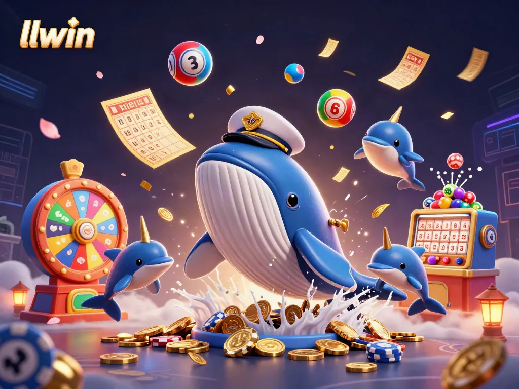 Experience llwin's vibrant gaming atmosphere with a lively whale, narwhal, and dolphins amidst dazzling casino elements.