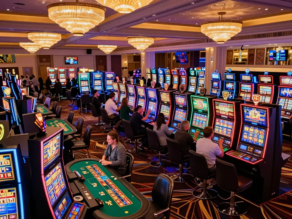 Players engage with OnBet at vibrant casino slots, celebrating big wins in an exciting atmosphere.
