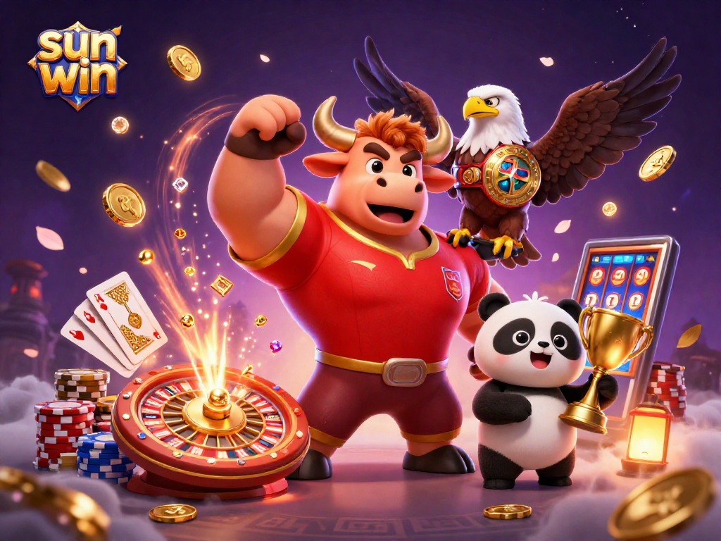 Win big at sun win with a charming bull mascot, eagle, and panda amidst casino elements.