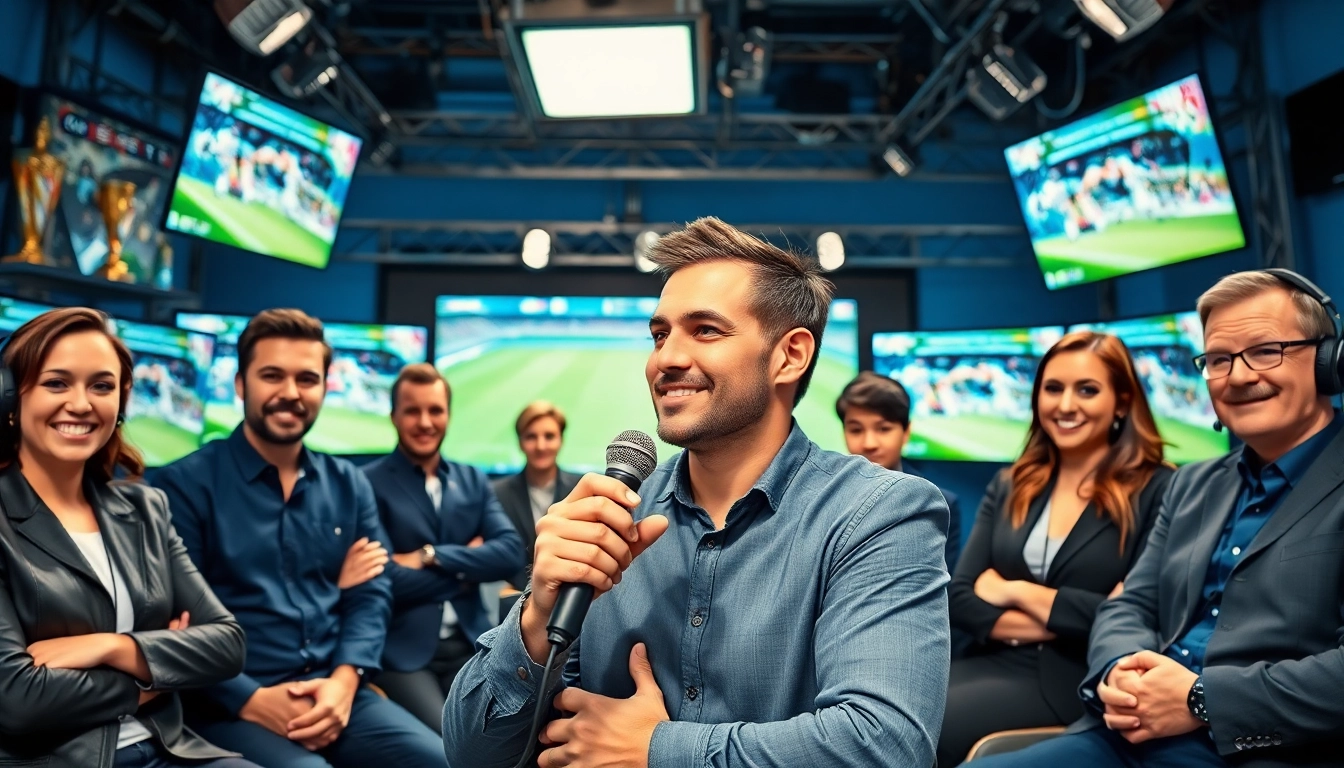 Sports Broadcasting team engaged in commentary with dynamic digital displays.
