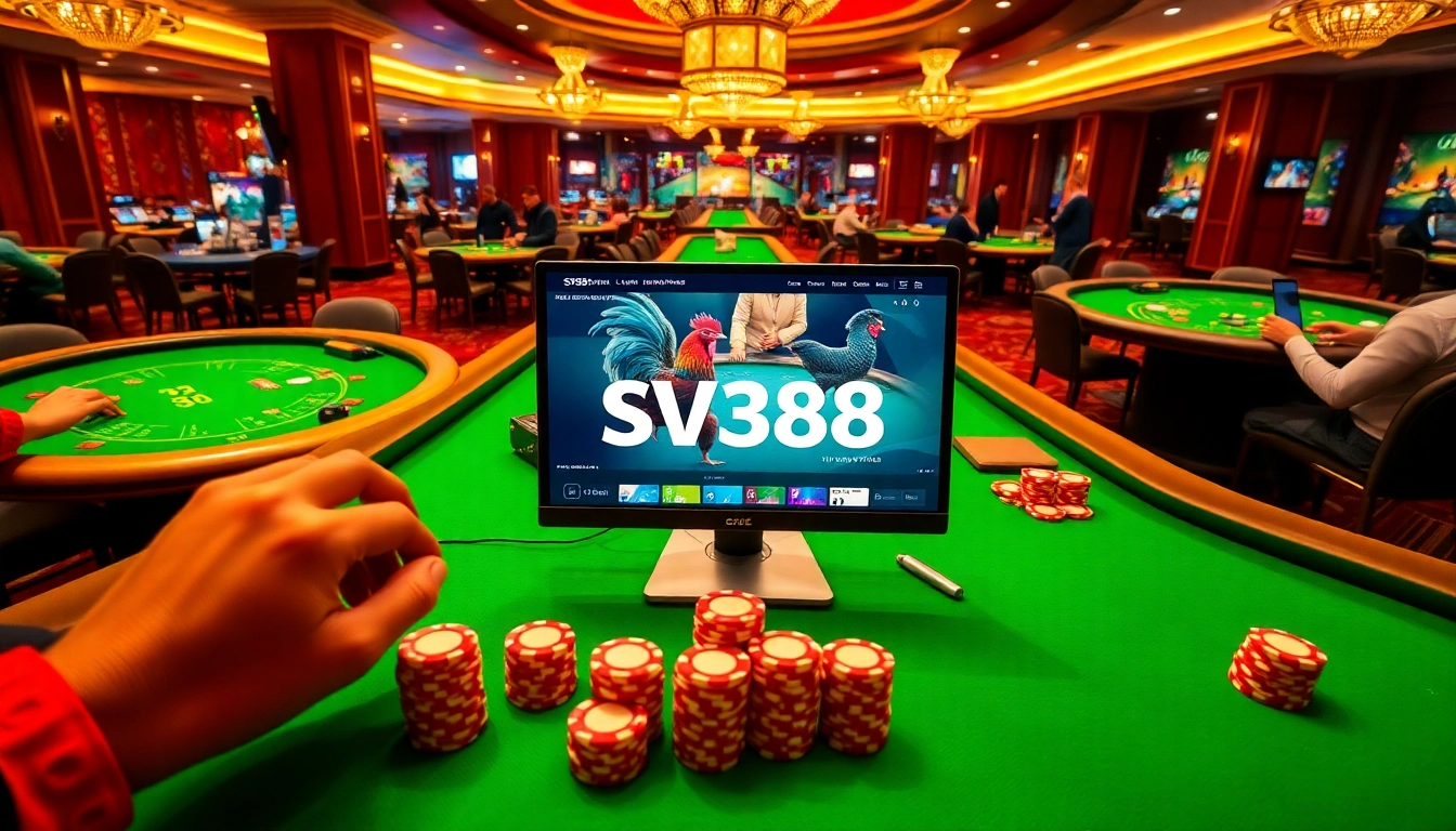 Engaged gamblers strategizing bets on SV388 amid a vibrant casino atmosphere.