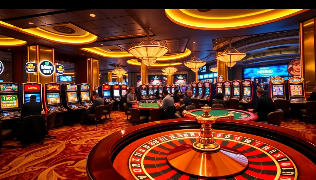MM88 players enjoy exciting casino games at elegantly designed tables and vibrant slot machines.