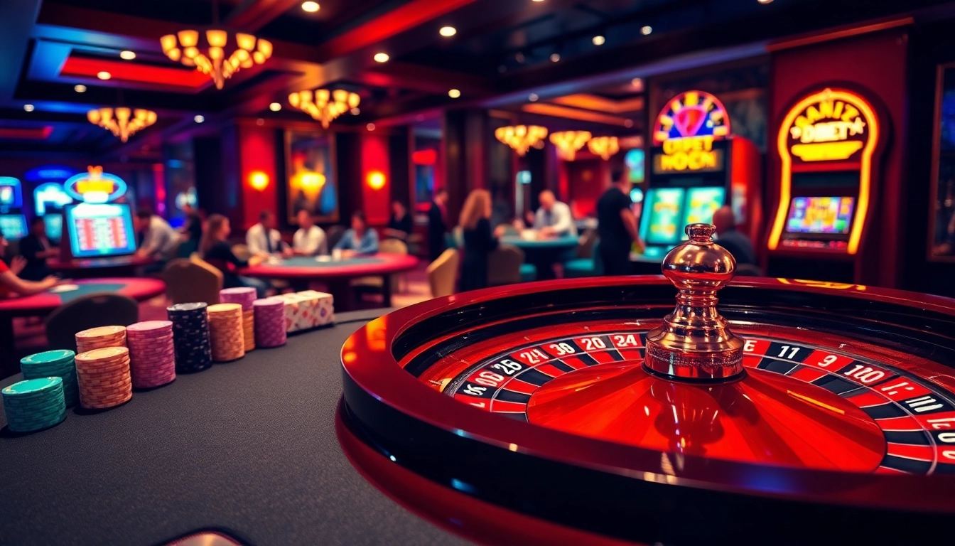 Players enjoying roulette action at a lavish casino with DEBET betting slips in view.