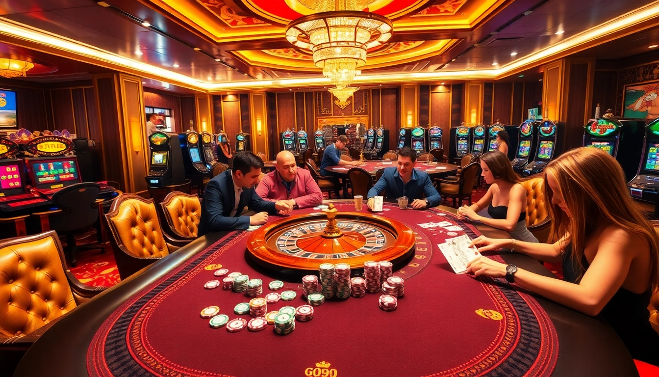 Engaging players at a luxurious go99 casino table with vibrant poker chips and cards.