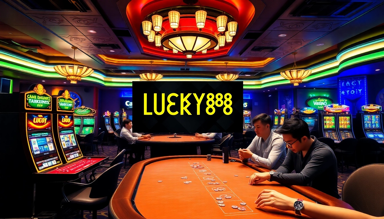 Exciting scene from LUCKY88 showcasing a lively casino with players enjoying poker and engaging with slot machines.
