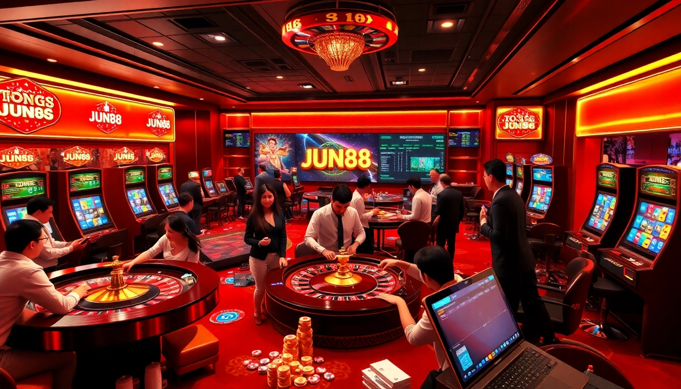 Experience thrilling moments at Jun88 with vibrant casino games, poker chips, and dynamic betting interfaces.