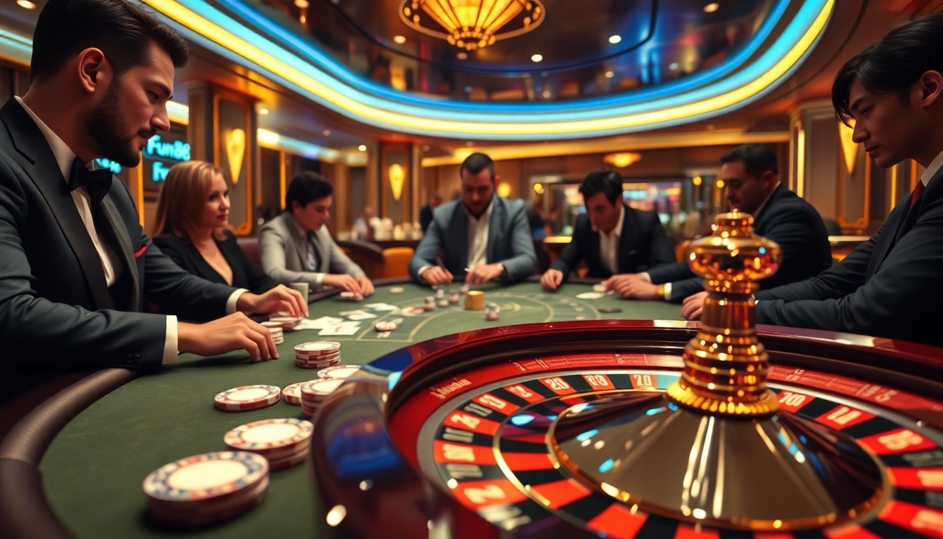 Exciting poker action at Fun88 casino table with professional players and chips.