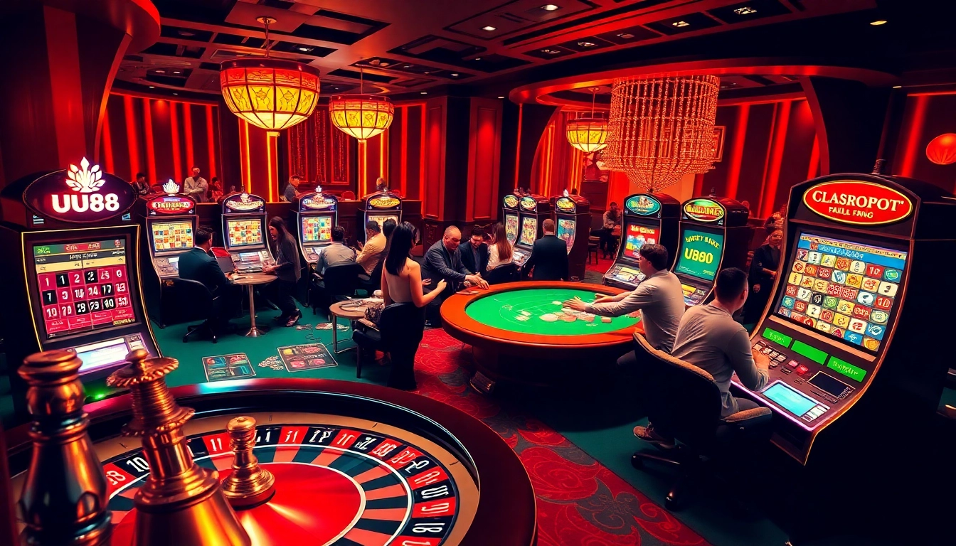 Players enjoying various games at uu88 casino, showcasing excitement and luxury in a lively setting.