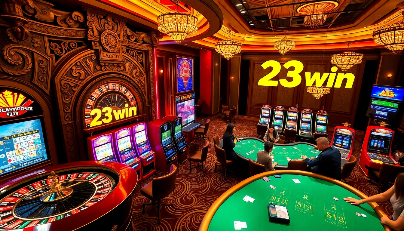 Experience the thrill of 23win with players winning at roulette and slot machines in a luxurious casino.