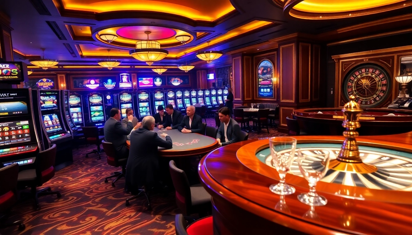 Players enjoying the thrill at 33WIN casino tables with vibrant lights and excitement.