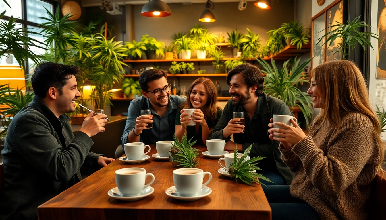 Enjoying drinks at a lively Cannabis Coffee Shop Madrid with friends and green decor.