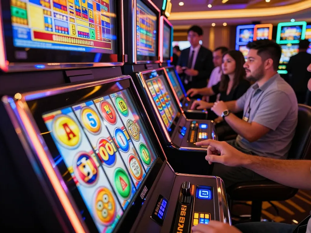 lode88 players excitedly watching colorful slot machine reels spinning for big wins