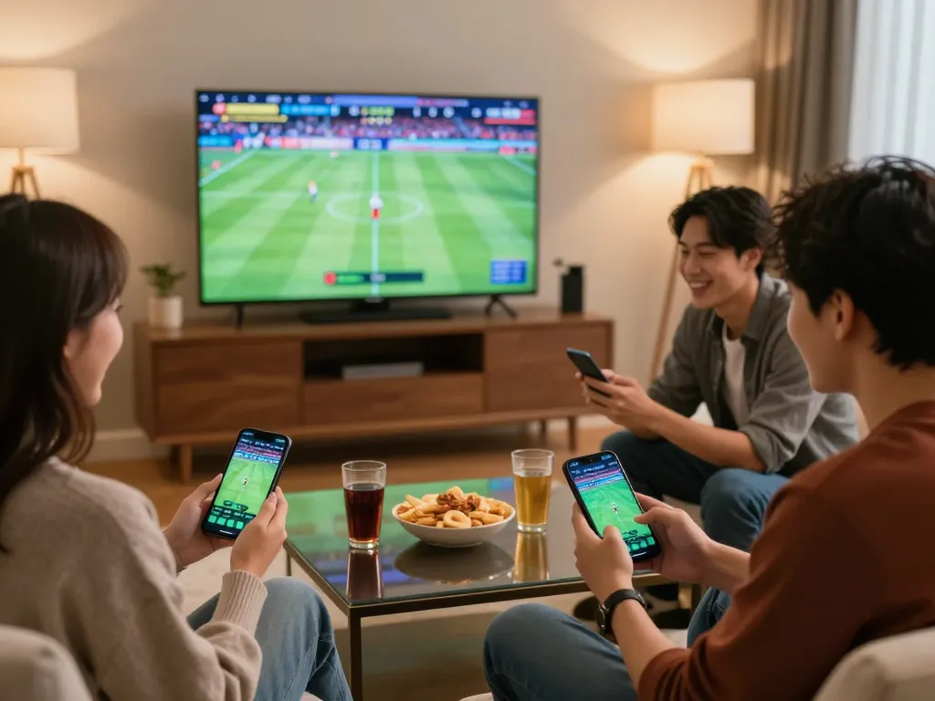 Engaged friends placing bets on kèo nhà cái during an exciting sports game in a cozy living room