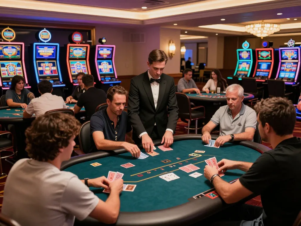 KP88 players enjoy an engaging poker game at a vibrant casino with lively atmosphere.