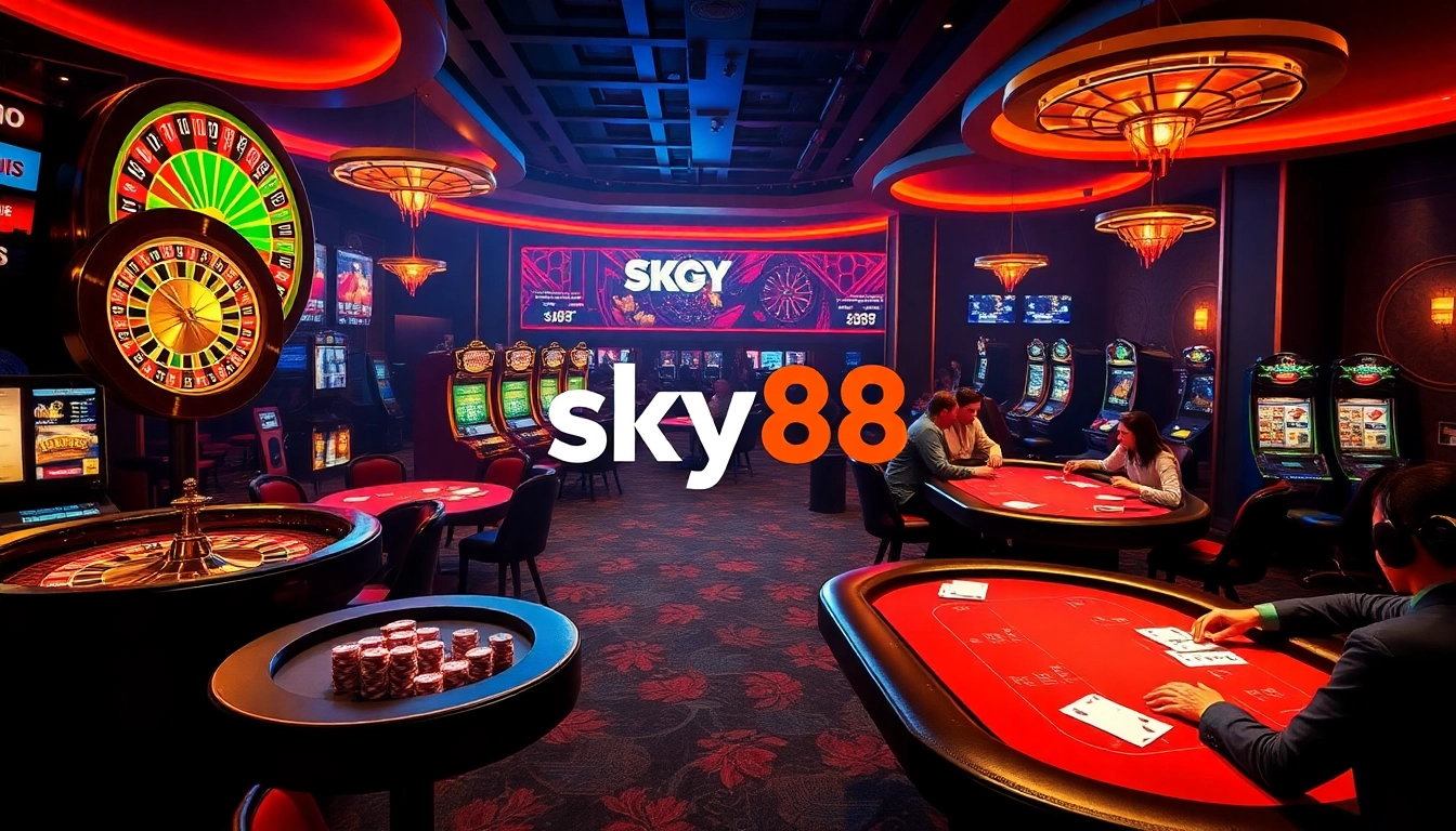 Experience the thrill of sky88 with vibrant casino elements including roulette and poker tables.