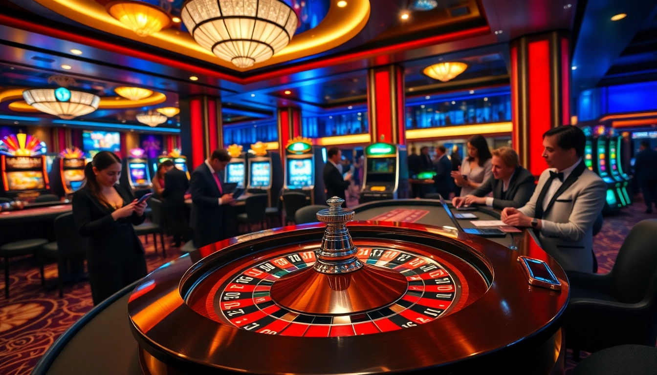 UU88 players engaging with various casino games on a luxurious gaming floor.