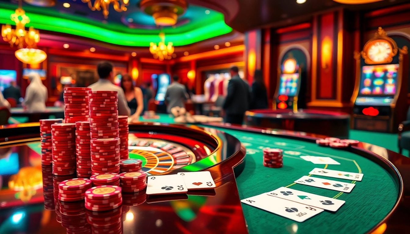 Exciting casino scene at Lu88 with players engaged at the roulette table and vibrant poker chips.