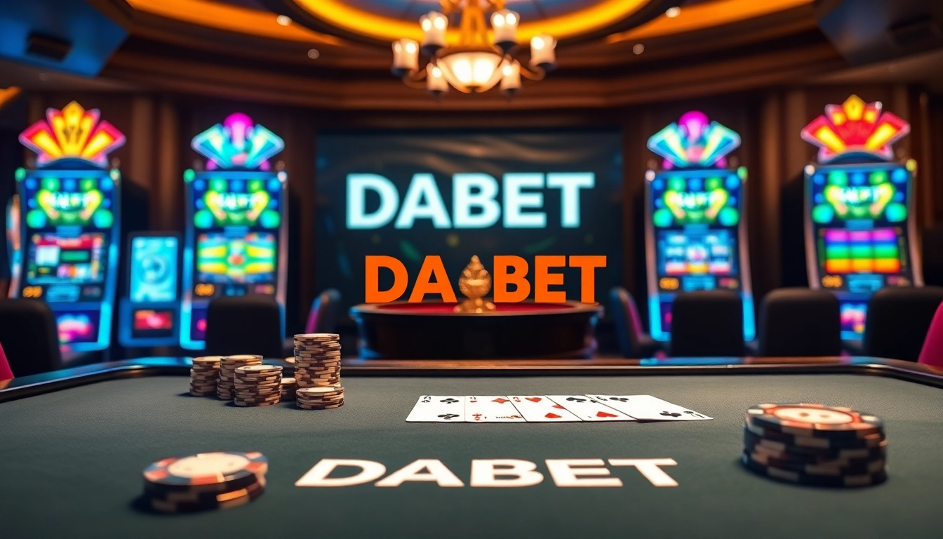 DABET gaming table surrounded by vibrant slot machines and poker chips, showcasing a premium casino experience.