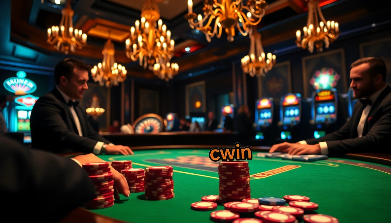Cwin poker chips prominently displayed on a luxurious casino table surrounded by players.
