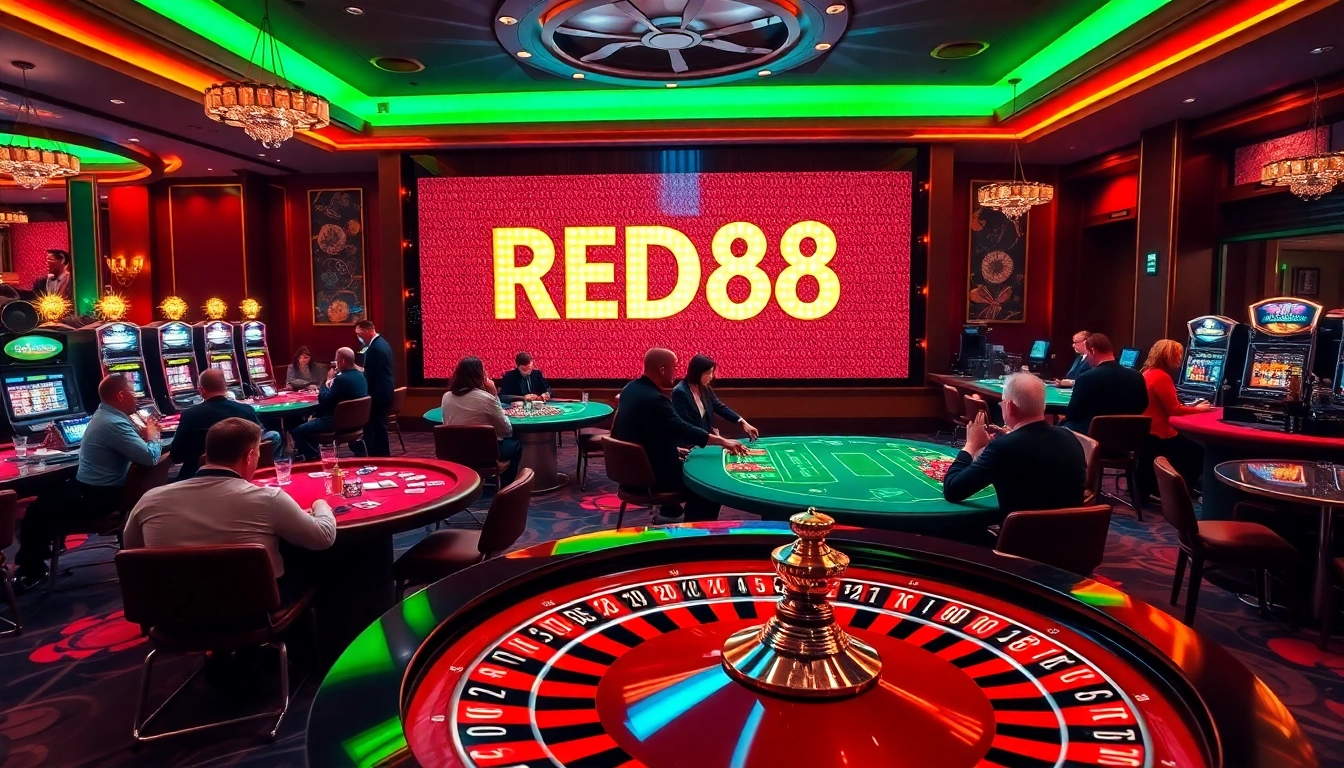 Thrilled players enjoying their time at RED88 casino tables with vibrant chips and cards.