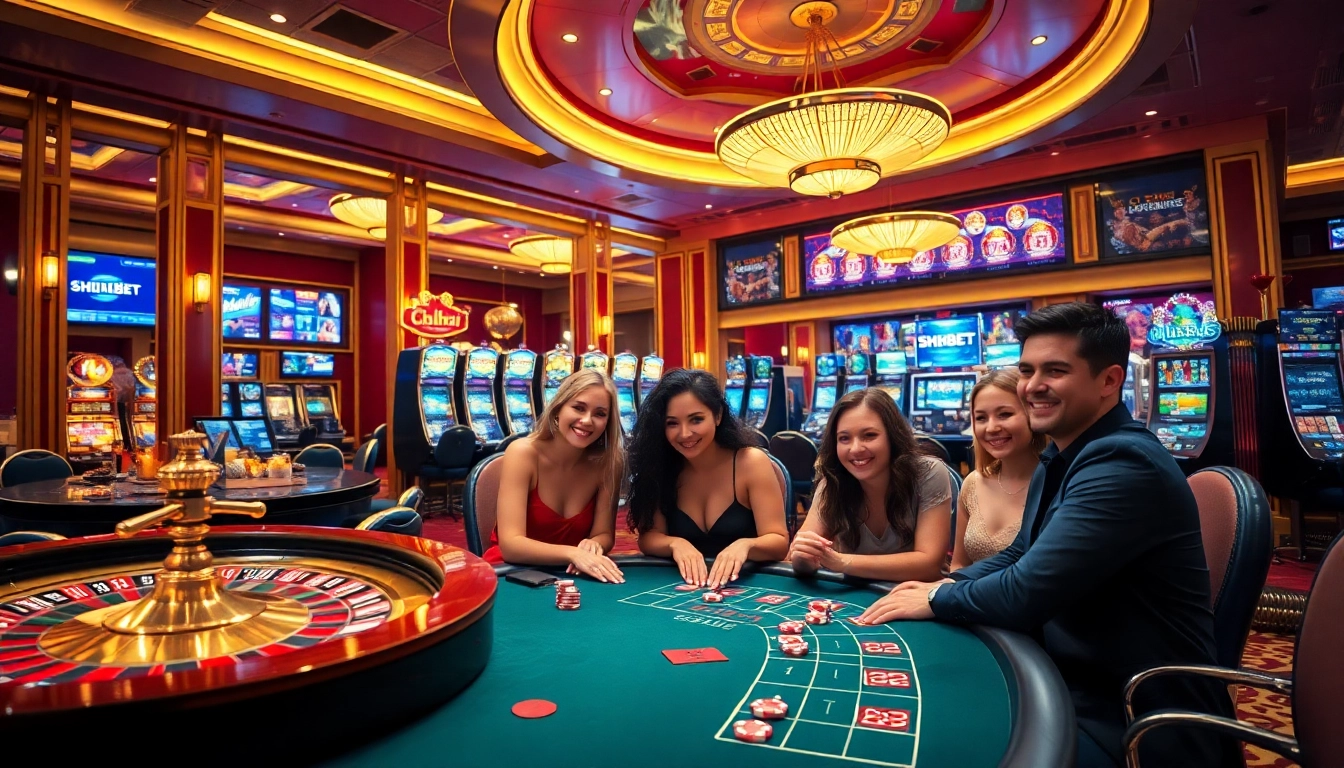 Experience thrilling gameplay with SHBET amid a luxurious casino setting filled with vibrant elements.