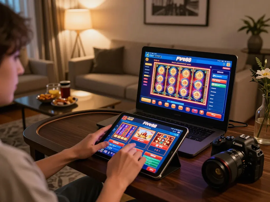 Player engaging with vibrant Five88 casino app on tablet, cozy home atmosphere