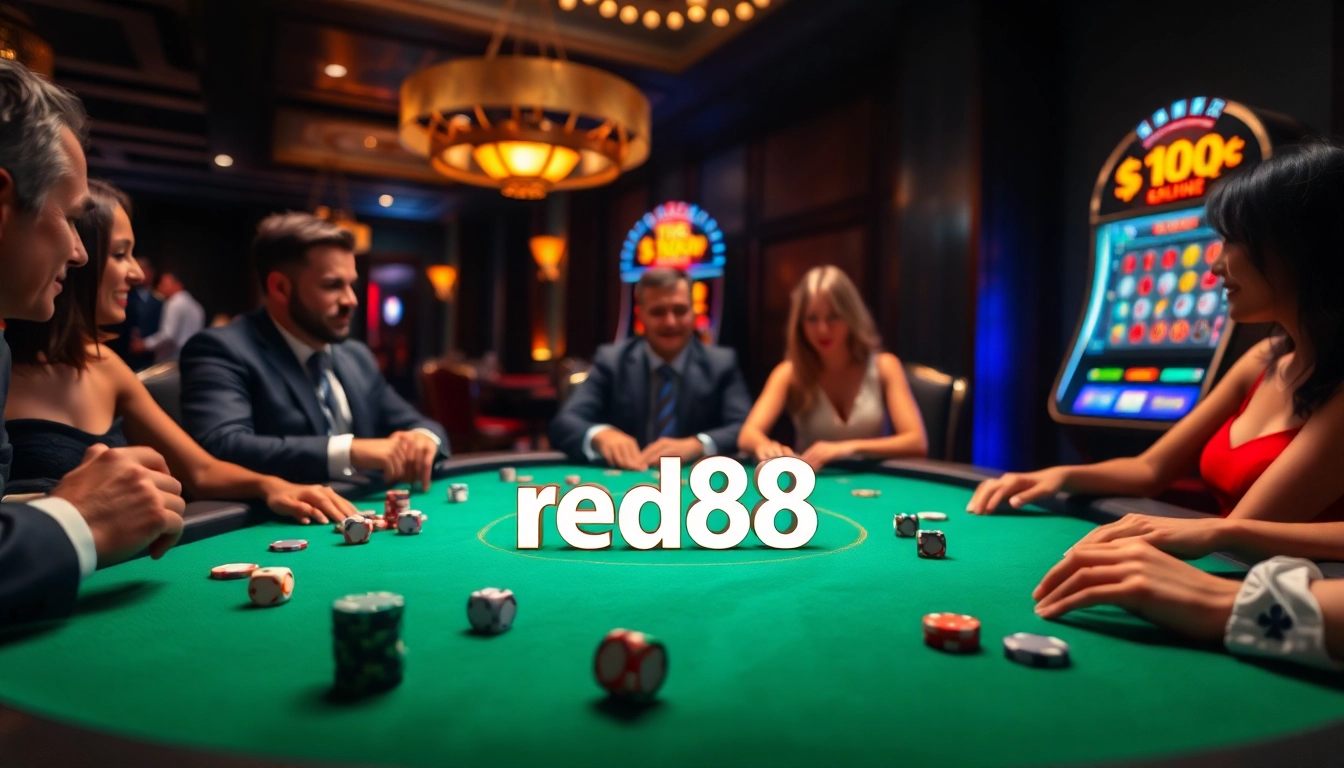 Players enjoying a thrilling poker game at a luxurious red88 casino table, showcasing excitement and strategy.