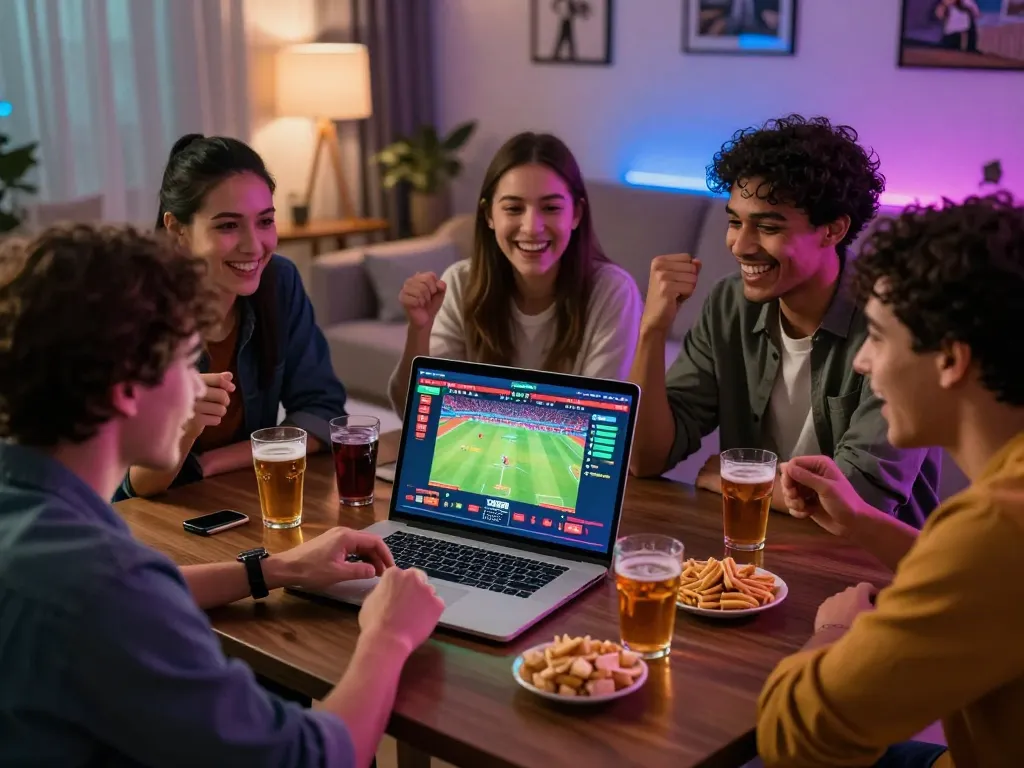 Friends enjoying online betting at a reputable nhà cái uy tín, lively atmosphere with drinks and sports highlights.